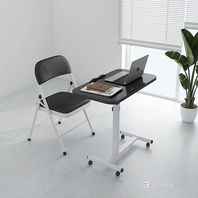 Modern Side Table With Black Top White Frame Wheels Laptop And Green Plant 3d model 