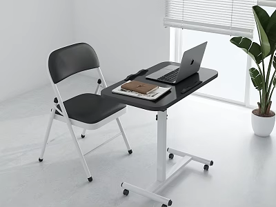 Modern Side Table With Black Top White Frame Wheels Laptop And Green Plant 3d model