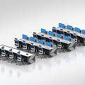 Modern Control Room With Multiple Console Desks And Blue Operator Chairs 3d model
