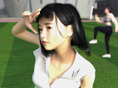 Woman Wearing White Sleeveless Top Standing on Green Grass Outdoor with Another Exercising 3d model