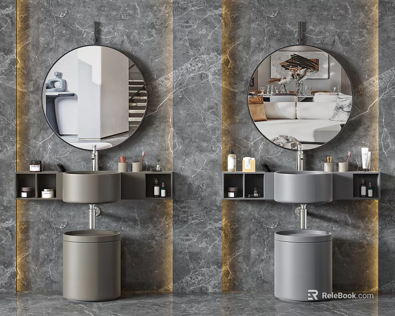 Modern Bathroom Sink Design With Round Mirror Marble Wall Shelves And Toiletries 3d model 
