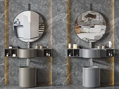 Modern Bathroom Sink Design With Round Mirror Marble Wall Shelves And Toiletries 3d model