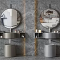 Modern Bathroom Sink Design With Round Mirror Marble Wall Shelves And Toiletries