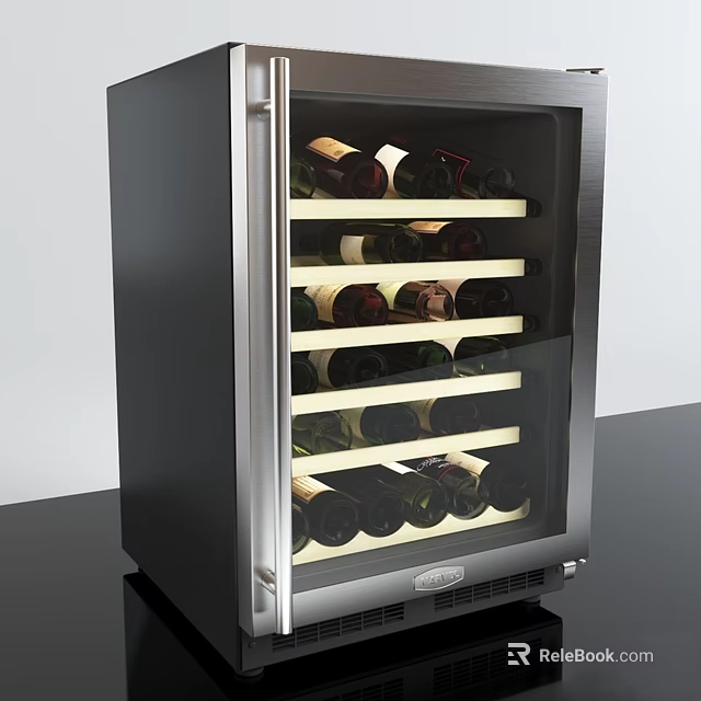Stainless Steel Wine Cooler with Glass Door Layered Shelves and Interior Lighting Holding Wine Bottles 3d model 