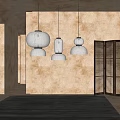 Modern Interior With Multiple Beige Fabric Pendant Lights Slatted Doors And Natural Light