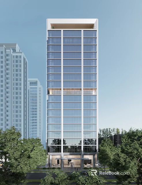 Modern High Rise Office Building with Glass Curtain Wall Surrounded by Trees in Urban Area 3d model 