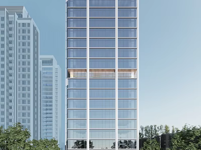 Modern High Rise Office Building with Glass Curtain Wall Surrounded by Trees in Urban Area 3d model