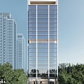 Modern High Rise Office Building with Glass Curtain Wall Surrounded by Trees in Urban Area