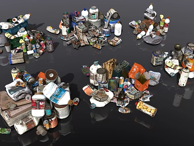 Waste cans, old bottles, old iron drums, waste recycling yard 3d model