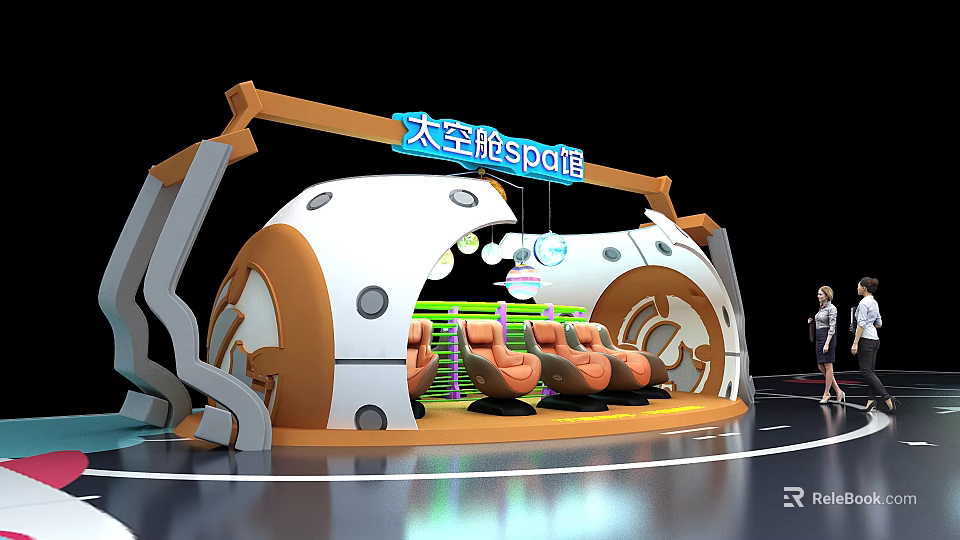 Futuristic Space Capsule Interior Design With Orange Seats And Circular Windows 3d model 