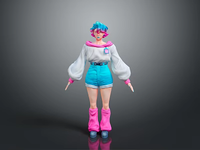 Stylish Game Movie Character With Blue Pink Hair White Top Blue Shorts And Pink Boots 3d model