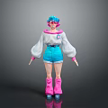 Stylish Game Movie Character With Blue Pink Hair White Top Blue Shorts And Pink Boots