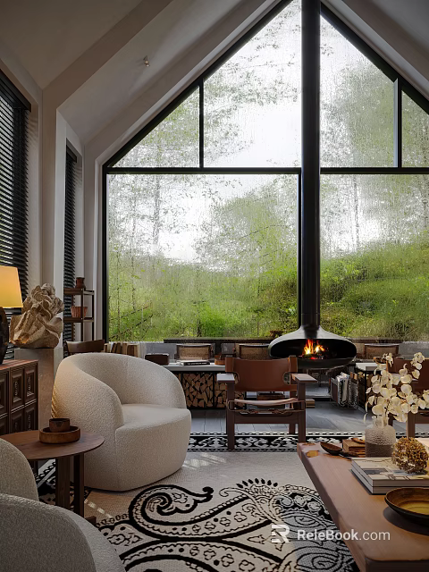 Serene Living Room Interior Design With Large Windows Green View Fireplace And Comfortable Seating 3d model 