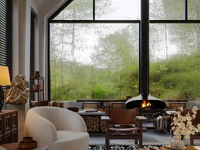 Serene Living Room Interior Design With Large Windows Green View Fireplace And Comfortable Seating 3d model