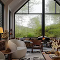 Serene Living Room Interior Design With Large Windows Green View Fireplace And Comfortable Seating