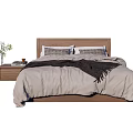 Wooden Frame Double Bed With Neutral Toned Bedding Plush Pillows And Side Table 3d model