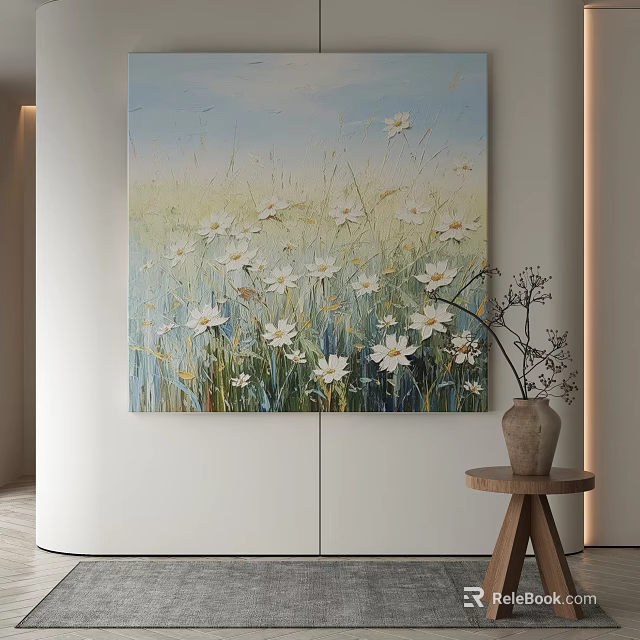 Decorative White Flower Painting With Green Grass Blue Sky Background And Wooden Table Vase 3d model 