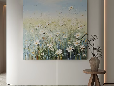 Decorative White Flower Painting With Green Grass Blue Sky Background And Wooden Table Vase 3d model