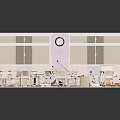 Detailed Arranged Classroom Interior With Desks Chairs Blackboard Clock And Windows