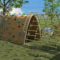 Kindergarten Outdoor Playground With Climbing Frame Slide Grass Lawn And Trees
