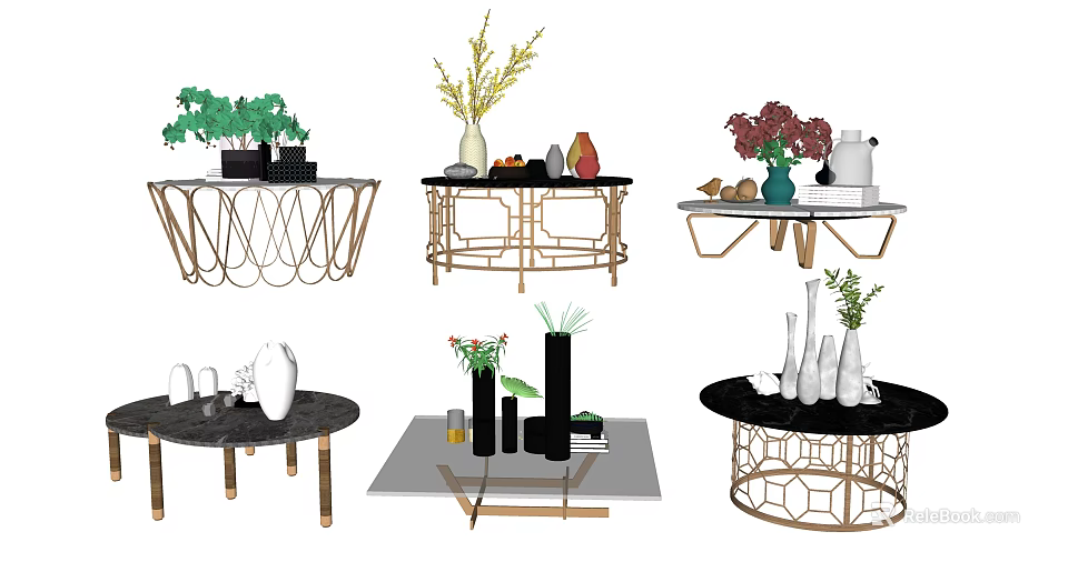 Stylish Coffee Tables With Various Designs Decorative Items And Green Plants 3d model