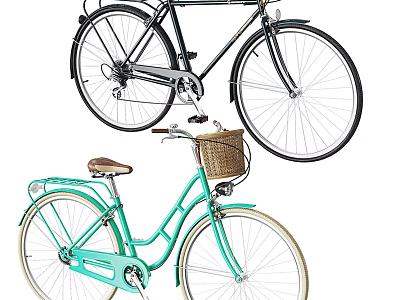 Classic Black And Turquoise Bicycles With Wicker Basket And Brown Seat 3d model