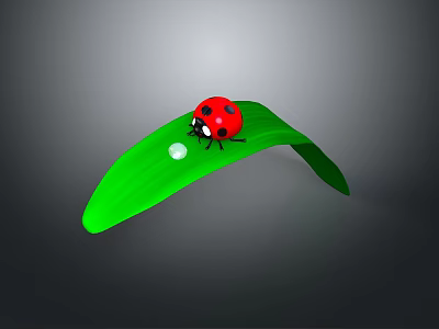 Vibrant Red Ladybug Perched On Curved Green Leaf With Shiny Dewdrop 3d model