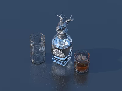 Elegant Glass Wine Bottle With Decorative Stopper And Whiskey Glasses On Dark Table 3d model