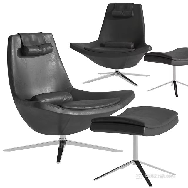 Modern Black Leather Armchair With Ottoman And Star Shaped Metal Base Design 3d model 