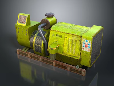 Green A-400 Generator With Control Panel Connected Pipes And Wooden Base 3d model