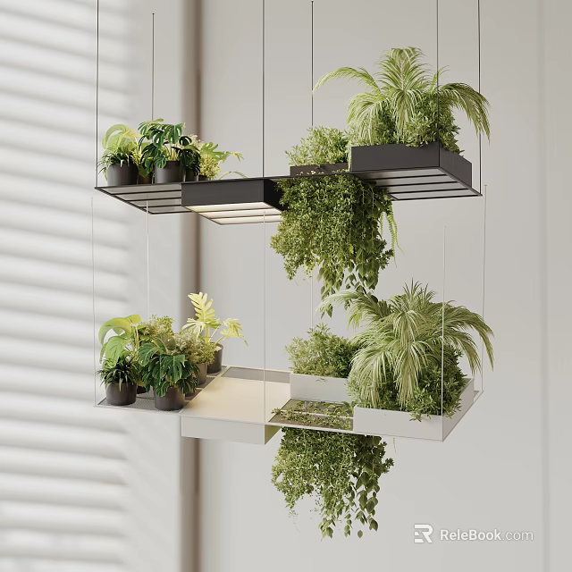 Modern Hanging Chandelier With Layered Plant Shelves And Cascading Greenery 3d model 