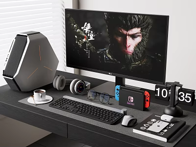 Gaming Desktop Setup With Monitor Game Screen Headphones Keyboard Mouse And Controllers 3d model