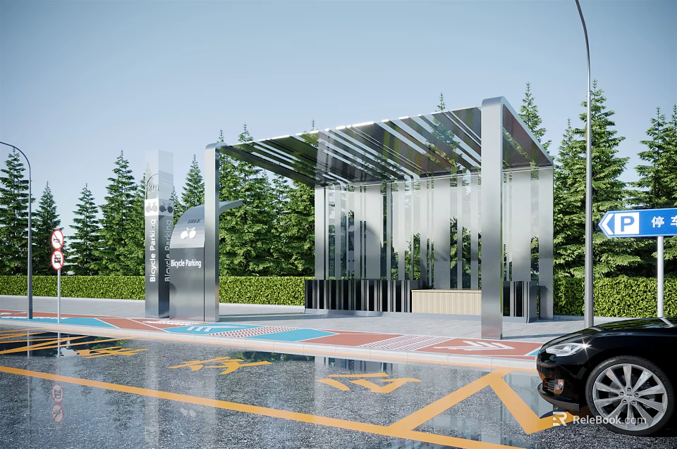 Modern Bus Station With Transparent Glass Shelter Green Trees And Parking Area 3d model 