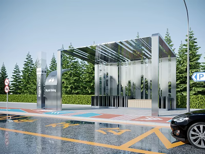 Modern Bus Station With Transparent Glass Shelter Green Trees And Parking Area 3d model