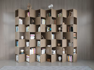 Stylish Modern Wooden Bookshelf Interior With Geometric Shelves Books Decorations And Vases 3d model