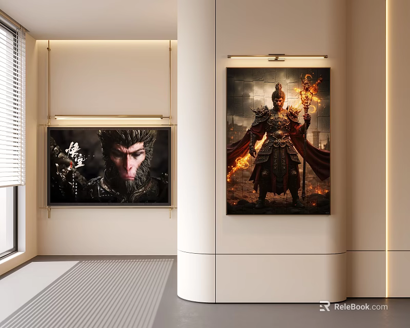 Modern Interior Wall Art Featuring Hairy Character And Armored Warrior Portraits With Flame Details 3d model 