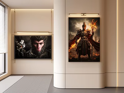 Modern Interior Wall Art Featuring Hairy Character And Armored Warrior Portraits With Flame Details 3d model