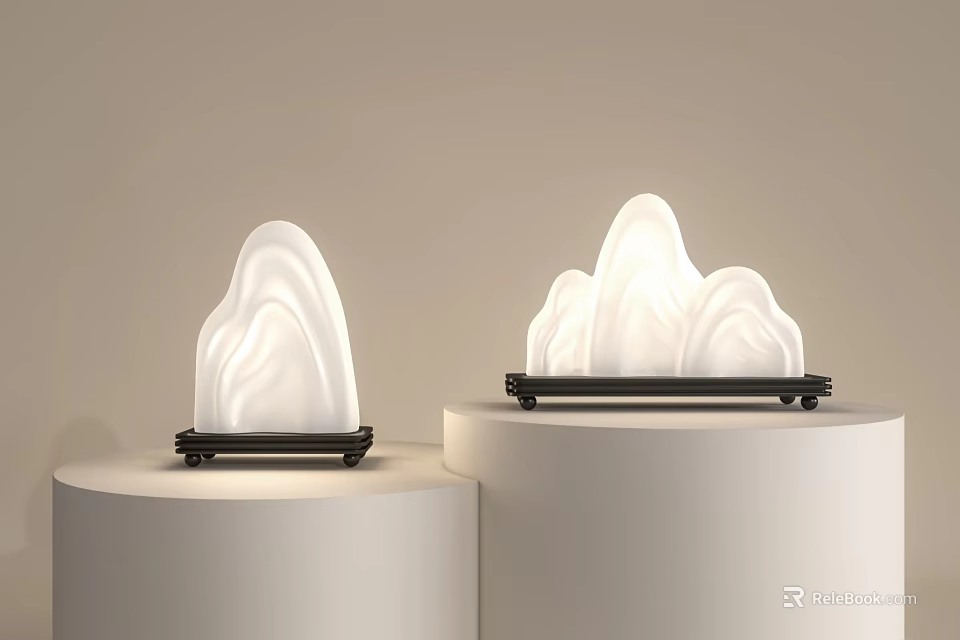 Modern Mountain Shaped Table Lamp With White Shade And Black Base On Display Stand 3d model