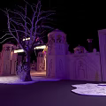 Cartoon Narnia Night Scene With Castle Gates Snowy Ground And Illuminated Sign