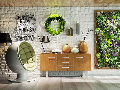 Modern Wooden Console Side Cabinet With Green Wreath Mirror Hanging Lamps And Decorative Vases In Entryway 3d model