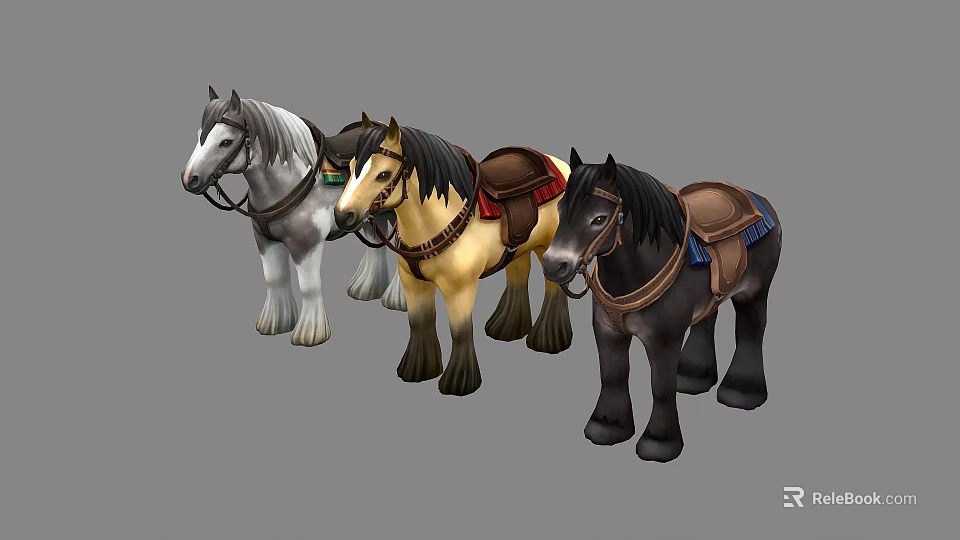 Colorful Decorative Toy Horses With Assorted Colored Saddles And Detailed Design Elements 3d model 
