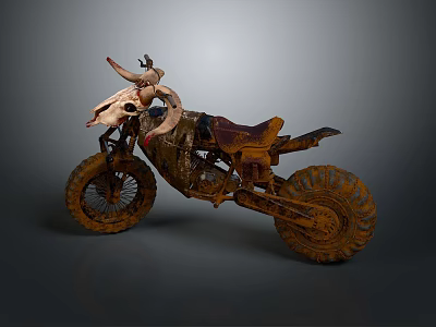 Vintage Worn Brownish Yellow Motorcycle With Deer Antler Decoration And Large Tires 3d model