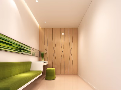 Modern Corridor Interior With Green Sofa Wooden Wall White Walls Green Stool And Plants 3d model