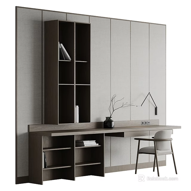 Modern Minimalist Desk With Wooden Bookshelf Books Vase Twigs Table Lamp And Chair 3d model 