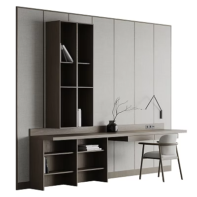 Modern Minimalist Desk With Wooden Bookshelf Books Vase Twigs Table Lamp And Chair 3d model