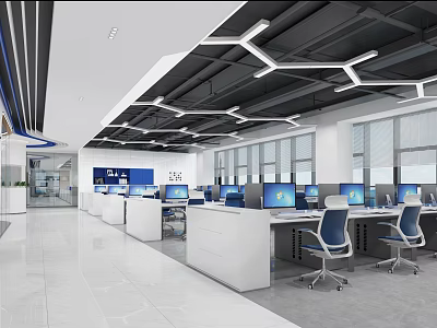 Modern Public Office Space With White Desks Blue Chairs And Large Windows 3d model