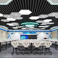 Modern School Classroom With Hexagonal Ceiling Lights And Neat Desks Arrangement 3d model