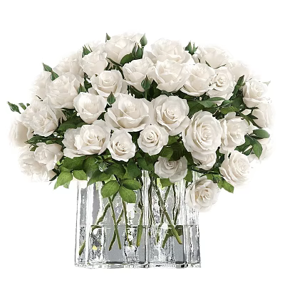 White Roses in Glass Vase with Green Leaves and Fresh Blooms for Home Decor 3d model