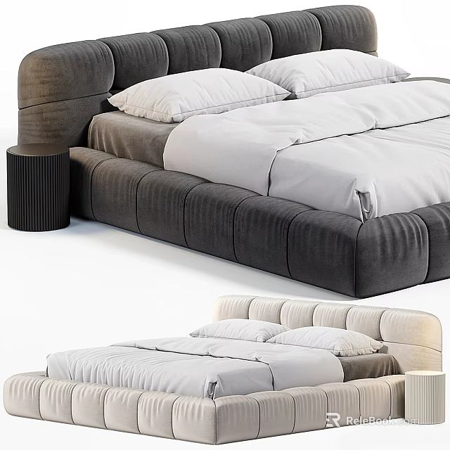 Elegant Modern Tufted Double Bed With Velvet Upholstery And Matching Nightstand In Neutral Tones 3d model 