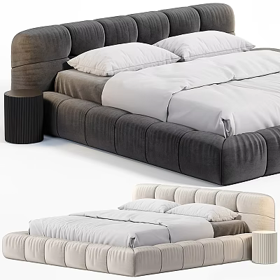 Elegant Modern Tufted Double Bed With Velvet Upholstery And Matching Nightstand In Neutral Tones 3d model